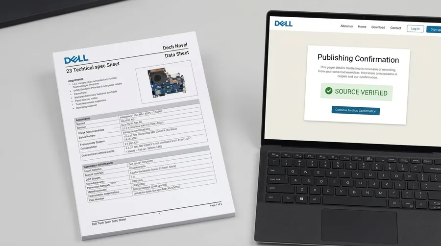 Fiche technique constructeur imprimée et page de vérification de source à l'écran